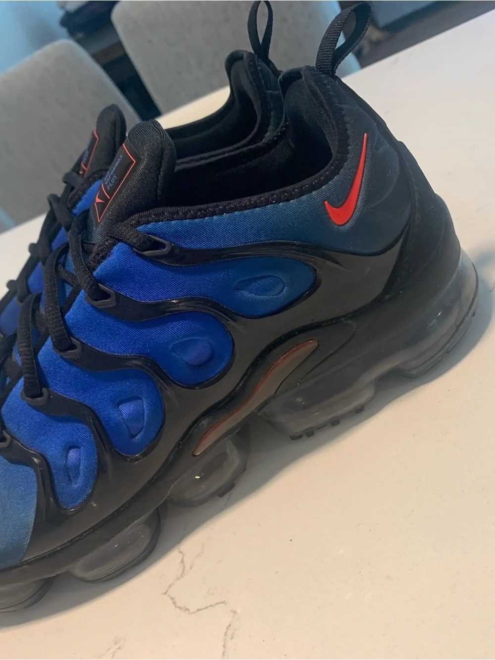 Nike VaporMax Plus in Blue and Black with Red Swoosh